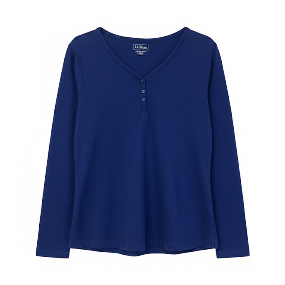 L.L. Bean Cobalt Blue Henley Long Sleeve Top | Cotton V-Neck Tee L